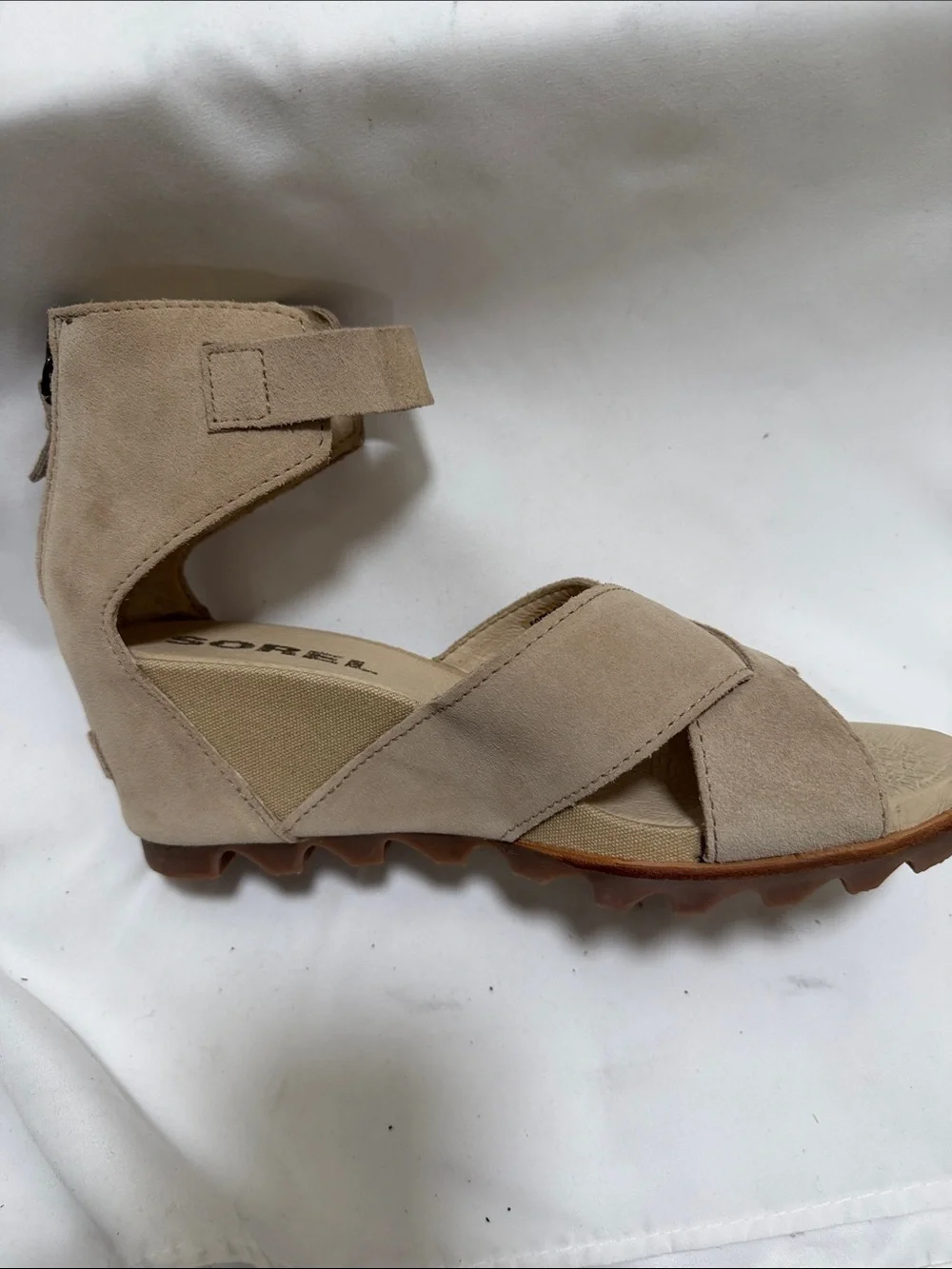 Sorel Bone Suede Wedge Sandals with Ankle Strap and Back Zip